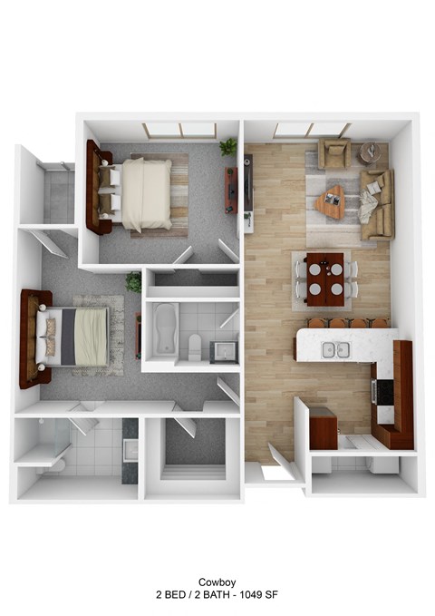 Floor plan for 2 beds, 2 baths, 1049 sqft